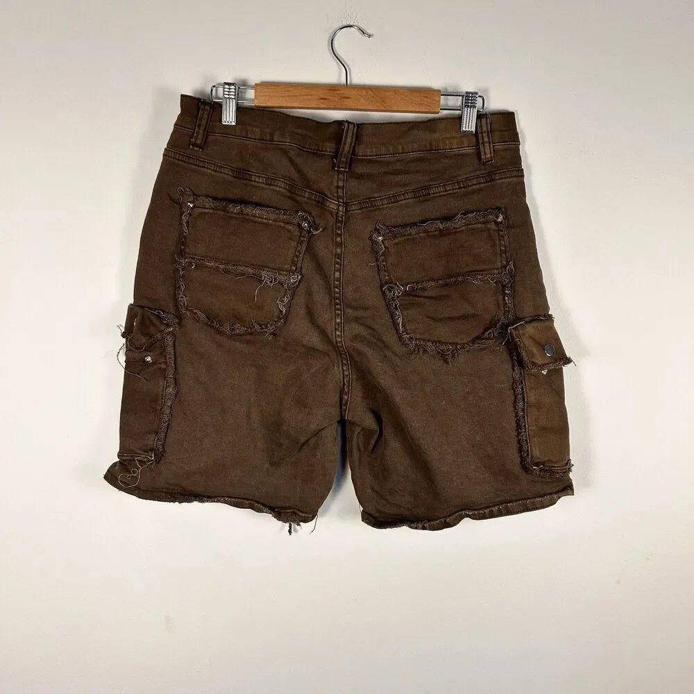 Nova Men Brown Distressed Cargo Shorts Men’s 34 Streetwear Utility